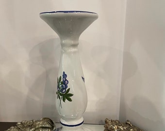 Vintage Blue and white porcelain candlestick, made in Italy hand painted and artist signed blue bonnets on pure white background.