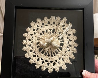 Antique crocheted doily custom framed, unique one if a kind gift, hand made doily elegant work if art, made in USA, antique pinwheel,