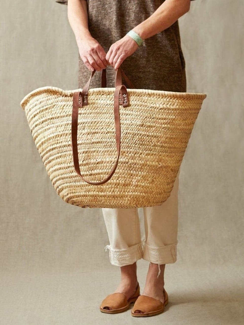 60% de Réduction Straw Bag Fait à La Main avec Du Cuir, Français Market Basket, Français Sac Marché,