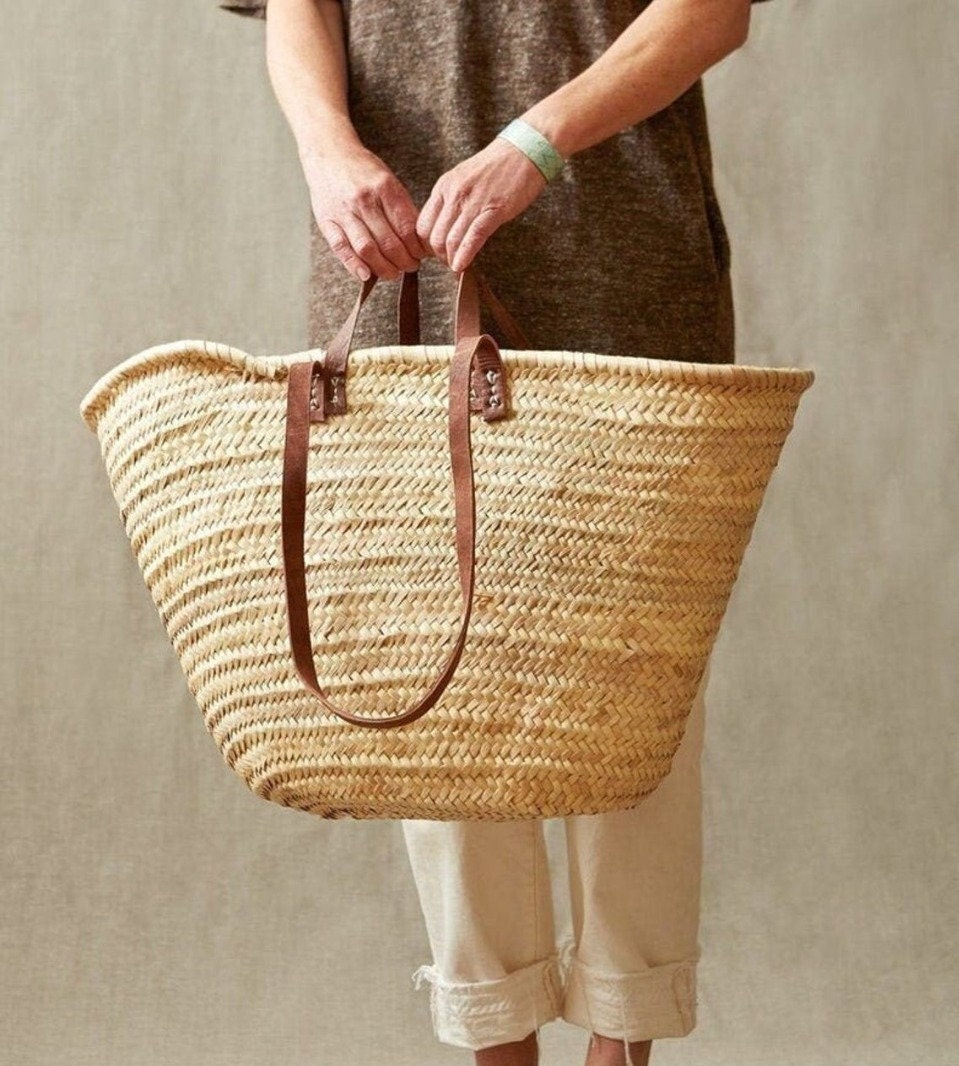 Double Poignée Cuir Market Basket Handmade Moroccan Straw Bag Double Handle Natural Français French 