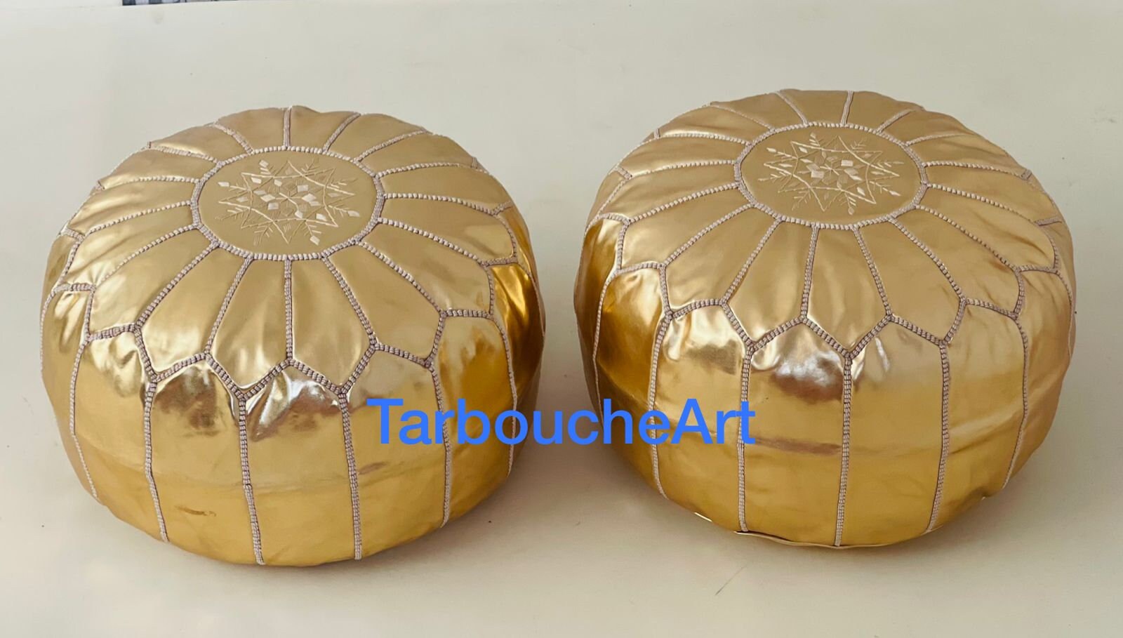 Set of 2 Moroccan Pouf GOLD Pouf Ottoman Footstool Floor Pillow