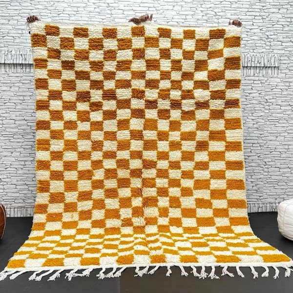 AMAZING CHECKERED CARPET, Moroccan Handmade Rug, White And yellow Rug, Tribal Checkered Rug, Handmade Wool Carpet, Azilal Checkerboard Rug.