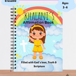 May include: A spiral-bound journal for kids with the text "Personalized Kid's Christian Affirmation Journal". The cover features a cartoon girl, a rainbow, and the text "KHALANI'S Affirmation Book". The journal is designed for ages 3-6.