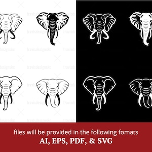 Może przedstawiać: Zestaw sześciu czarno-białych ilustracji głów słoni. Słonie są zwrócone przodem, z opuszczonymi trąbami. Ilustracje są w prostym, stylizowanym designie.