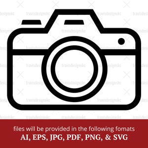May include: A black and white outline illustration of a camera. The camera has a lens, a viewfinder, and a shutter button.