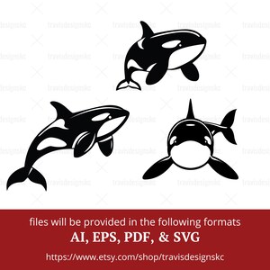 May include: Three black and white silhouette illustrations of orcas, or killer whales, in different poses. The orcas are facing different directions. The orcas are a popular subject for marine life art and design.