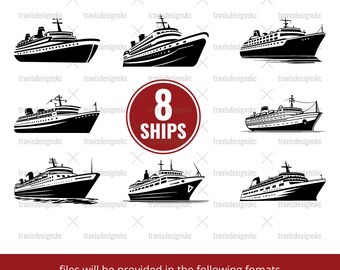 May include: Eight black and white silhouette illustrations of cruise ships. The illustrations are set against a white background. The text "8 SHIPS" is in a red circle.