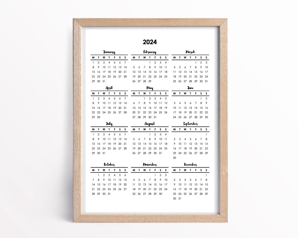 2024 Calendar Yearly Calendar 2024 Simple Calendar Etsy Canada