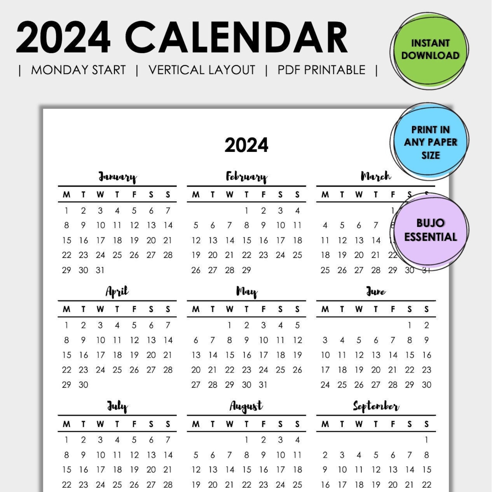 2024 Calendar Yearly Calendar 2024 Simple Calendar Etsy UK