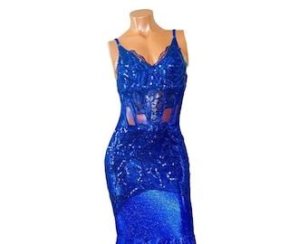 Glitzy Blue Sparkling Sequin Mermaid Gown US size:4(one-of-a-kind)