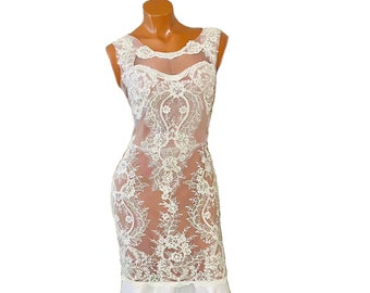 Embroidered Lace White Satin Flare Gown (one-of-a-kind) petite US size: 10