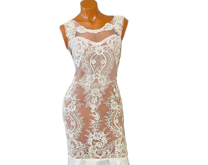 Embroidered Lace White Satin Flare Gown (one-of-a-kind) petite US size: 10