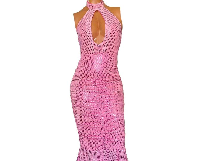 Pink Confetti Sequin Fur Trim Gatsby Gown (one-of-a-kind) US size: 2