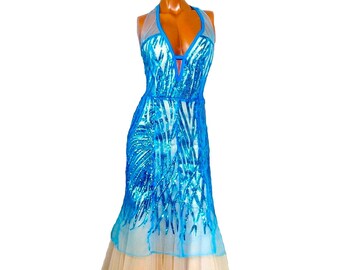 Blue Feather Embellished Sequined Tulle Gown (one-of-a-kind)(petite US size: 6)