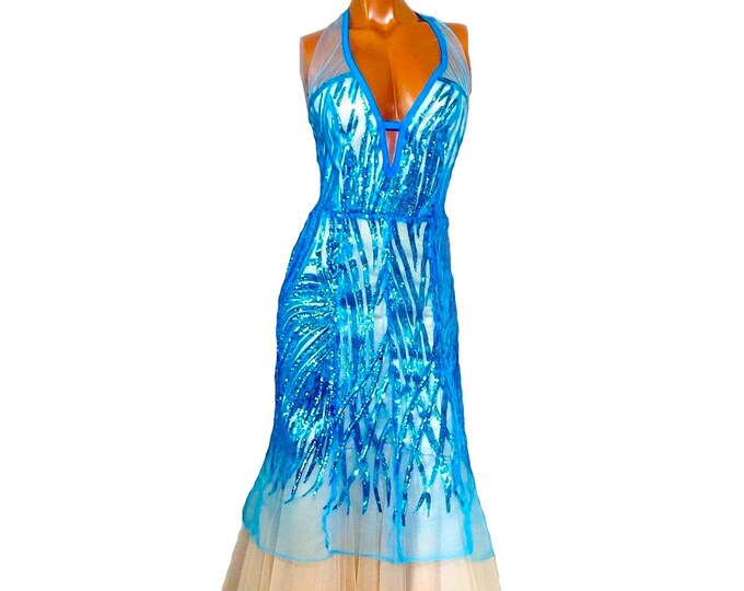 Blue Feather Embellished Sequined Tulle Gown (one-of-a-kind)(petite US size: 6)