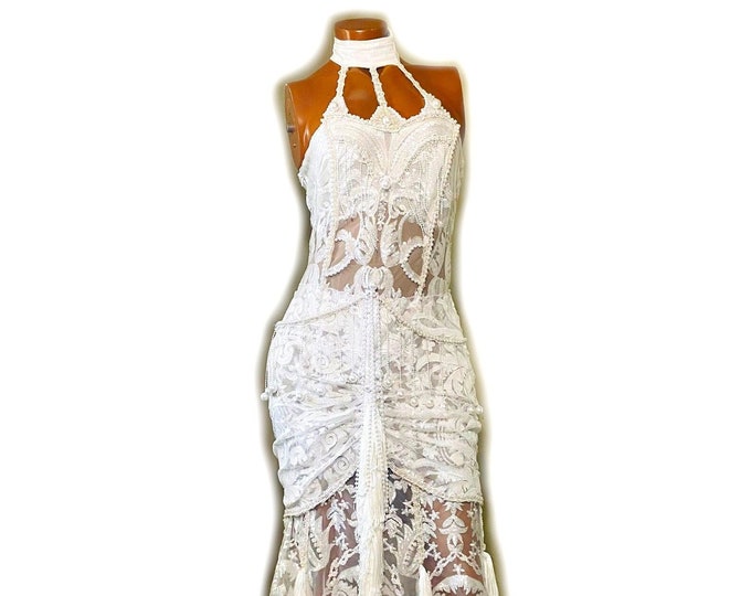 Vintage Style Very-sace Pearl Fringe Gown US size: 10
