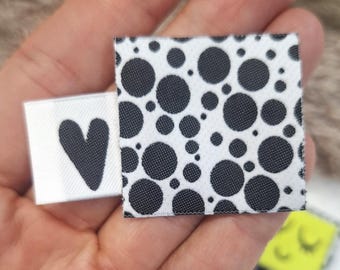 織りラベル、Webettiketen、Weblabel、手作りの服のための織りラベル、衣類織りタグ、織りラベルドットとハート
