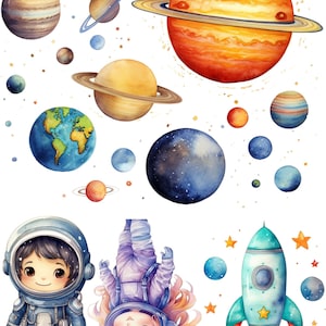 Può includere: Illustrazione ad acquerello di una scena spaziale con pianeti, stelle e astronauti. I pianeti sono dipinti in tonalità di blu, verde, arancione e rosso. Gli astronauti indossano tute spaziali bianche e galleggiano nello spazio. C'è anche un razzo con uno schema di vernice blu e bianco.