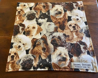 CHARITY EDC Hank. 10x10 100% cotton. Dogs w/ brown wood back.