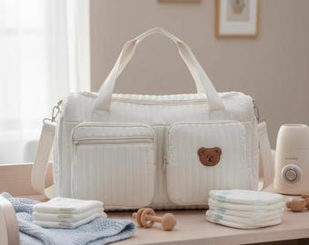 Cream Quilted Diaper Bag, Teddy Detail Travel, Nursery Hospital Overnight Bag