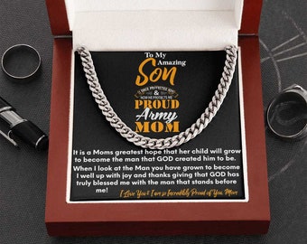 Orgullosa mamá del ejército/regalo para hijo, cadena de eslabones cubanos para hijo, cadena para hijo del ejército, regalo de cumpleaños.