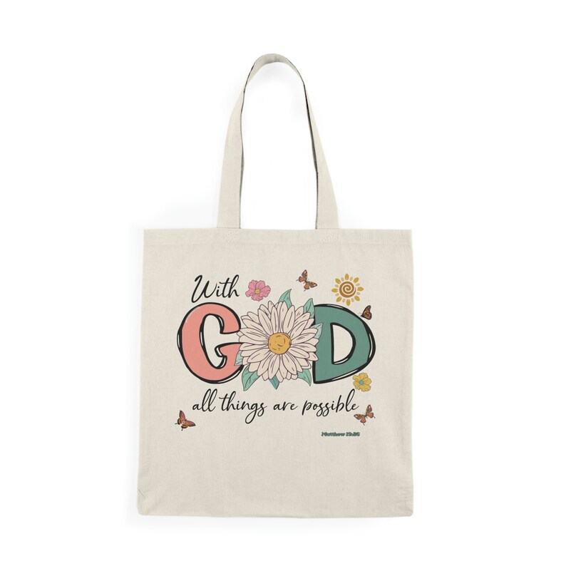 With GOD Tote|Bible Verse Tote,Inspiration Grocery bag,Inspiration Tote,Faith Tote Bag, Christian Gift tote,Matthew 17:20 Natural Tote Bag image 2