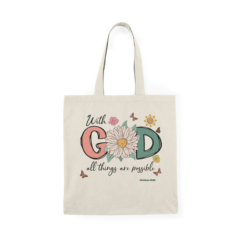 With GOD Tote|Bible Verse Tote,Inspiration Grocery bag,Inspiration Tote,Faith Tote Bag, Christian Gift tote,Matthew 17:20 Natural Tote Bag image 1