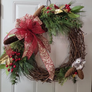 Large WINTER Door Wreath with Red Berries and Layered Red Mesh & Berry Bow, Red Berry Wreath, Winter Door Decoration