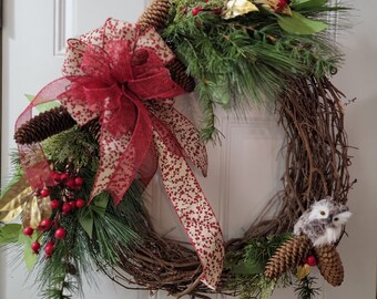 Large WINTER Door Wreath with Red Berries and Layered Red Mesh & Berry Bow, Red Berry Wreath, Winter Door Decoration