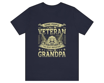 May include: Navy blue t-shirt with a yellow graphic of an eagle with guns and the text "Some people call me Veteran. The most important call me Grandpa."