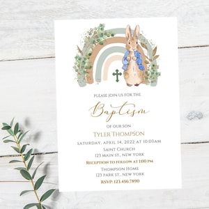 Peter Rabbit Rainbow baptism invitation-green rainbow invite-instant download