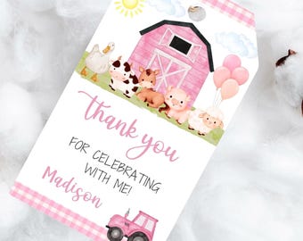 Pink farm birthday thank you tag-instant download