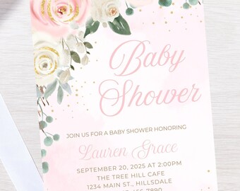 Könnte beinhalten: Eine rosa und weiße Babyparty-Einladung mit goldenen Glitzerakzenten. Die Einladung lautet "Baby Shower" und enthält den Namen "Lauren Grace", das Datum "20. September 2025", die Uhrzeit "14:00 Uhr", den Ort "The Tree Hill Cafe", die Adresse "1234 Main St., Hillsdale" und die RSVP-Nummer "123-456-7890".