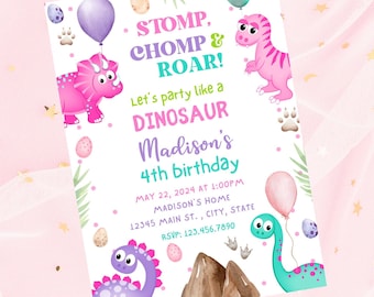Editable girl Dinosaur birthday invitation-instant download