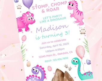 Editable girl Dinosaur birthday invitation-instant download