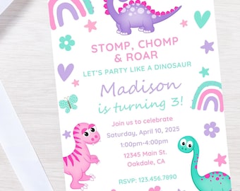 Dinosaurier Geburtstagseinladung Vorlage | Bearbeitbare Mädchen Dino Party Einladen | Stomp Chomp Roar | Sofort Download