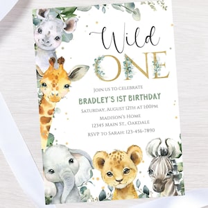 Plantilla de invitación de cumpleaños con animales de safari, invitación a una fiesta con animales de la jungla, fiesta con temática de safari