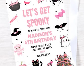 May include: A white Halloween-themed invitation with pink and black illustrations. The text reads "Let's Get Spooky" and invites guests to Madison's 5th birthday. Includes a black cat, spider, bat, and ghost.