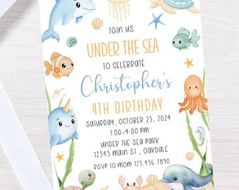Editable under the sea birthday invitation-ocean theme invitation-under the sea party