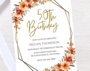 Fall floral Birthday invitation-instant download