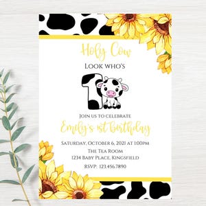 Cow birthday invite template-sunflower cow birthday invitation-instant download