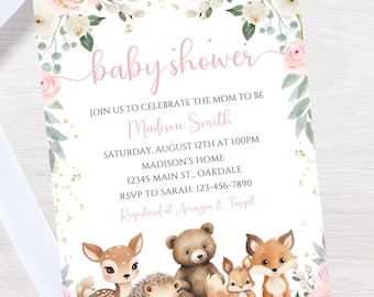 Editable pink woodland baby shower invitation-instant download