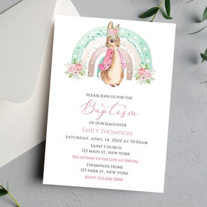 Bearbeitbares Peter Rabbit Regenbogen Taufeinladungs-Mädchen peter Kaninchen Taufeinladung-Instant Download