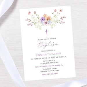 Wildflower baptism invitation template-wildflower baptism-christening flower invite