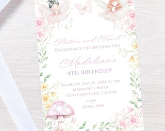 Puede incluir: Una tarjeta de invitación blanca con ilustraciones florales rosas y verdes. El texto dice "Flutter and Swirl to celebrate the birthday girl Madeline's 4th Birthday. Saturday, May 10, 2024 at 1pm Madeline's House 12345 Fairy Lane, Garden 123.456.7890"