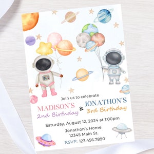 May include: A space-themed birthday invitation with two astronauts holding balloons shaped like planets. The invitation is for Madison's 2nd birthday and Jonathon's 3rd birthday. The text reads "Join us to celebrate Madison's 2nd Birthday & Jonathon's 3rd Birthday. Saturday, August 12, 2024 at 1:00pm. Jonathon's Home 12345 Main St. RSVP: 123.456.7890"
