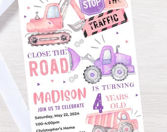 May include: A watercolor-style birthday invitation featuring construction vehicles in pink and purple. The invitation includes the text "CLOSE THE ROAD" and "MADISON" with details for the party, including the date, time, and location. The invitation is for a 4-year-old's birthday.