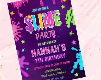 Può includere: Invito viola con una grafica di slime rosa neon, verde e blu. Il testo recita "Join us for a Slime Party to celebrate Hannah's 7th Birthday. Saturday, April 21, 2024 at 1:00PM. Hannah's Home, 12345 Main St., Oakdale. RSVP: 123.456.7890"