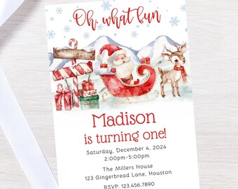 May include: A Christmas-themed birthday invitation with a watercolor illustration of Santa Claus in a red sleigh pulled by a reindeer. The text reads "Oh what fun" and "Madison is turning one!" with details about the party date, time, location, and RSVP information.