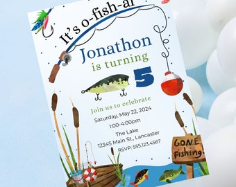 May include: A blue and white birthday invitation with a fishing theme. It says "It's o-fish-al Jonathon is turning 5" and includes details about the party, including the date, time, and location.